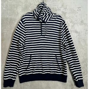 J Crew Striped Hoodie Large Navy White Puller Snap Kangaroo Pocket Casual Preppy